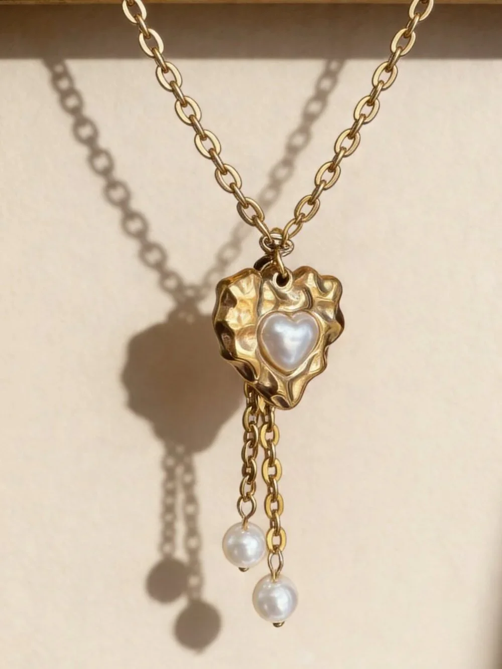 Gold Heart Pearl Drop Necklace Stainless Steel - Picture 6 of 13